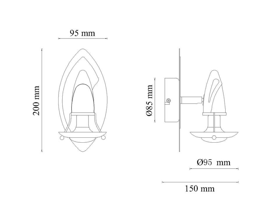 Schéma de dimensions de l'applique murale, avec hauteur et diamètres indiqués en millimètres.
