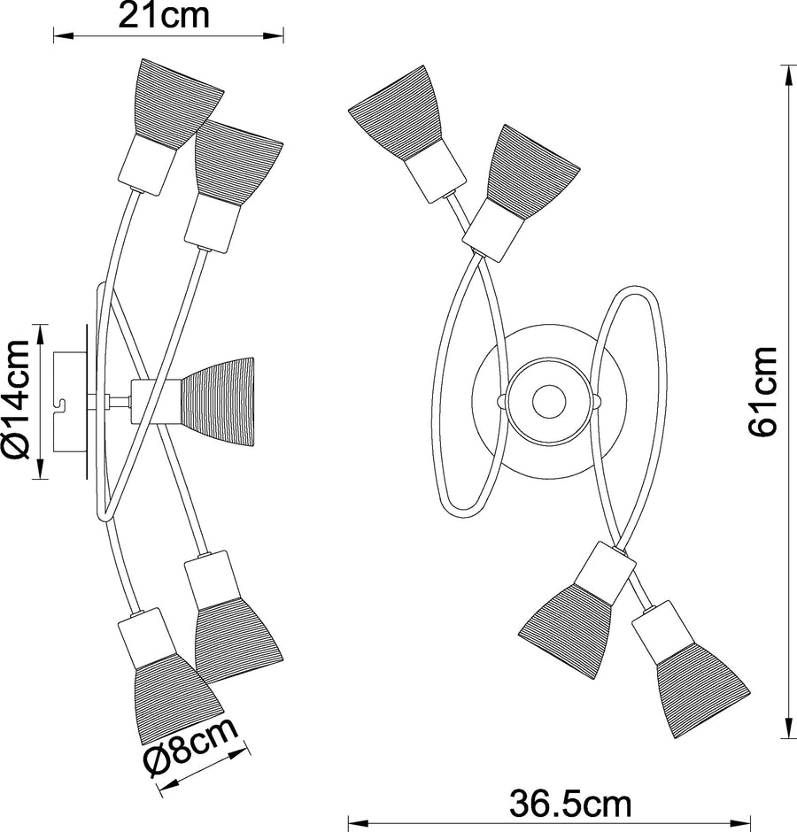 Schéma de dimensions cotées du plafonnier, diamètre 61 cm et hauteur 21 cm