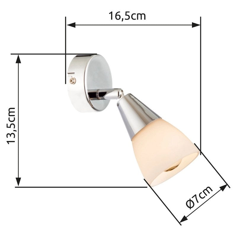 Schéma technique coté de l'applique avec profondeur 16,5 cm, hauteur 13,5 cm et diamètre 7 cm.