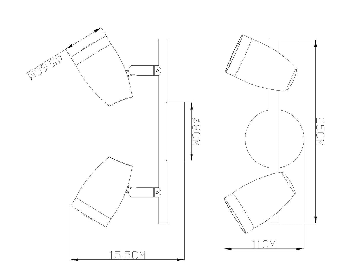 Schéma coté du plafonnier avec dimensions en centimètres et orientation des spots.