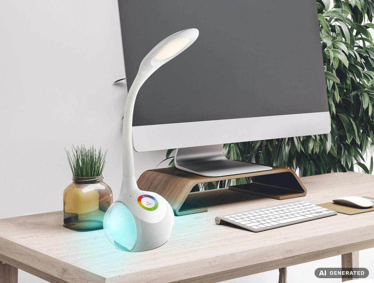 Mise en ambiance sur un bureau en bois, socle lumineux bleu-vert devant écran