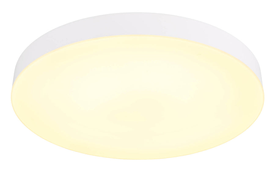 Produit de face, halo lumineux jaune diffusé sous le plafonnier arrondi