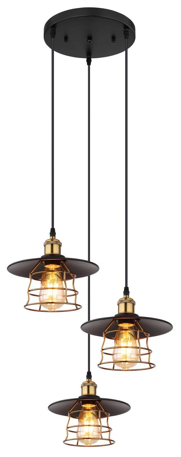 Vue verticale du luminaire montrant les trois abat-jours noirs et leurs câbles