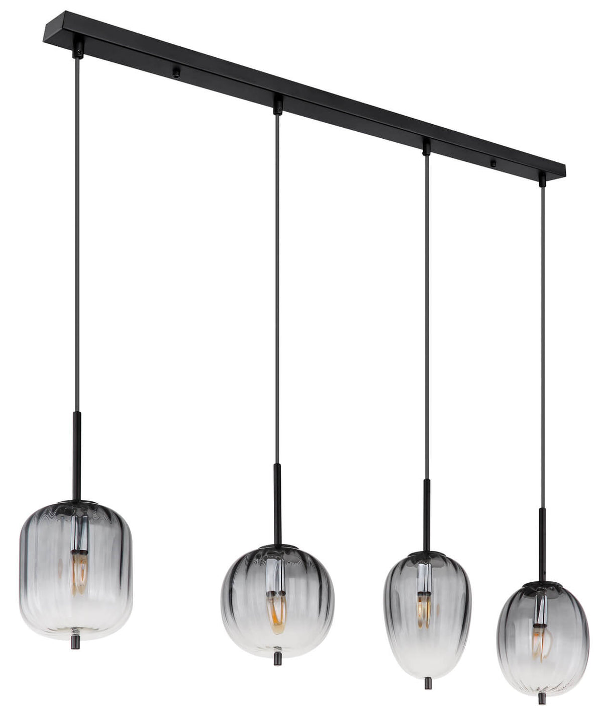 Vue de trois-quarts du luminaire, ampoules allumées dans les globes transparents