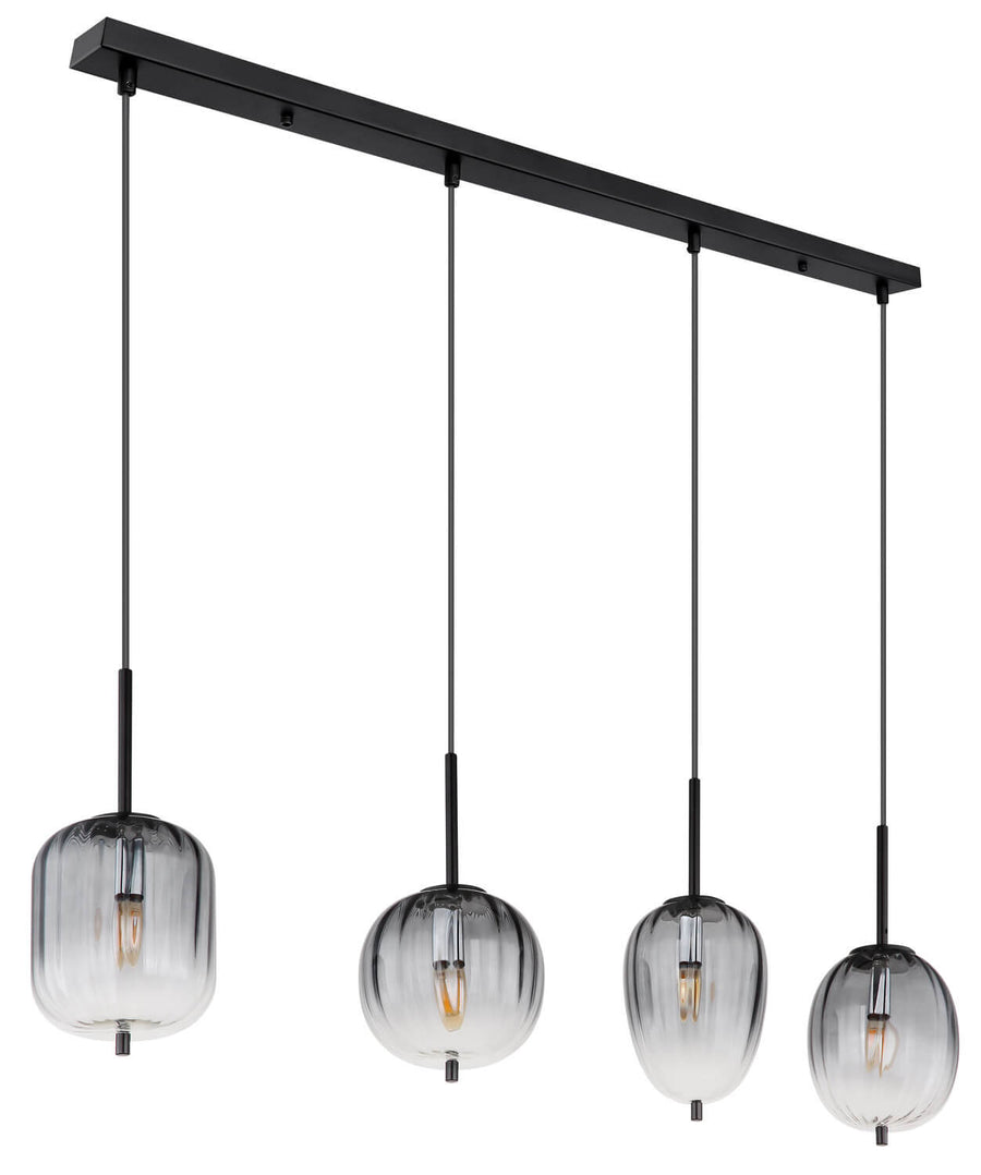 Vue de trois-quarts du luminaire, ampoules allumées dans les globes transparents