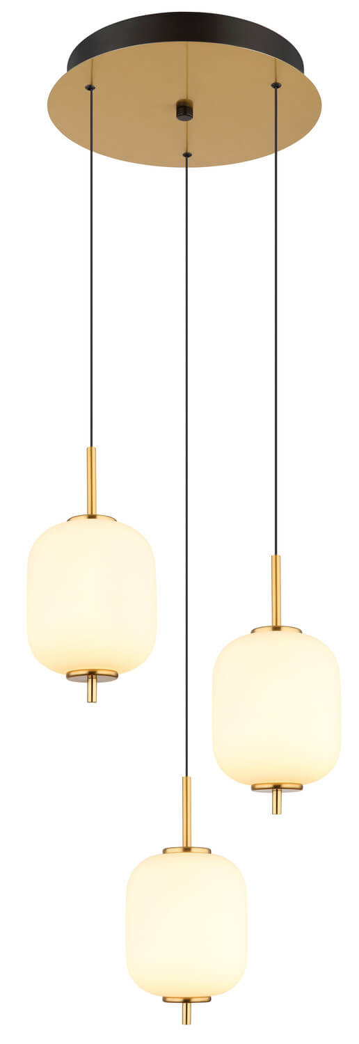 Vue de face du luminaire suspendu, trois diffuseurs cylindriques blancs et câbles noirs apparents