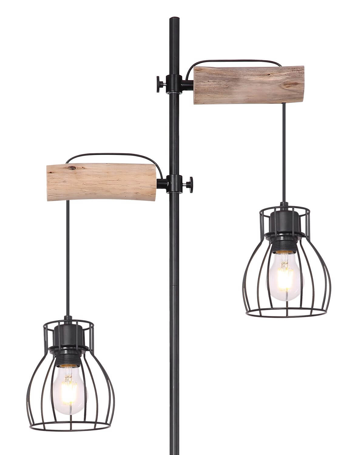 Détail des deux suspensions cages en métal noir et des bras en bois brut.