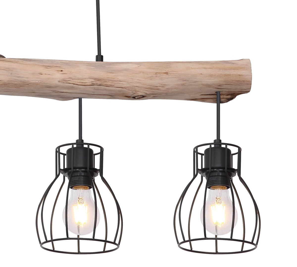 Détail rapproché des deux cages noires et de la poutre en bois brut avec ampoules allumées