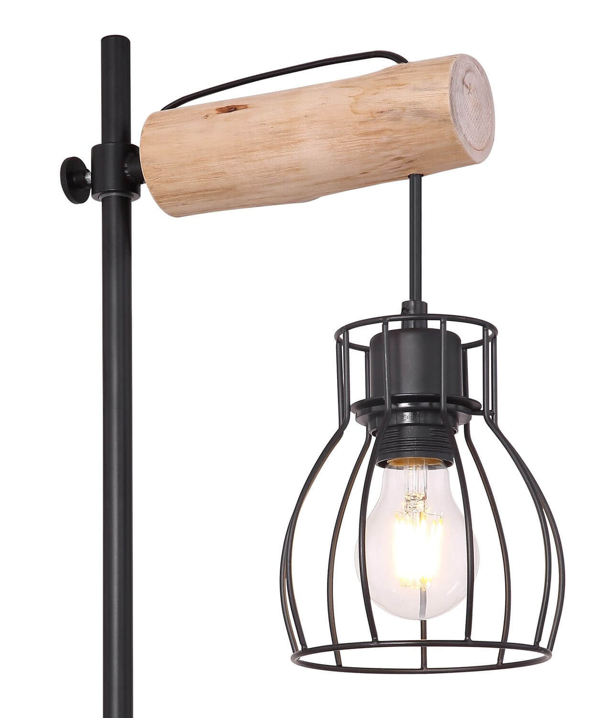 Détail du bras en bois clair et de la cage métallique noire avec ampoule allumée