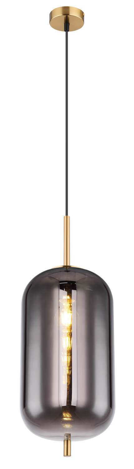 Vue d'ensemble de la suspension avec long câble réglable, verre fumé et structure dorée.