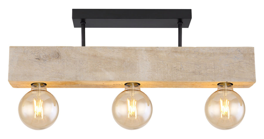 Vue de face du luminaire : trois ampoules alignées sous la poutre en bois