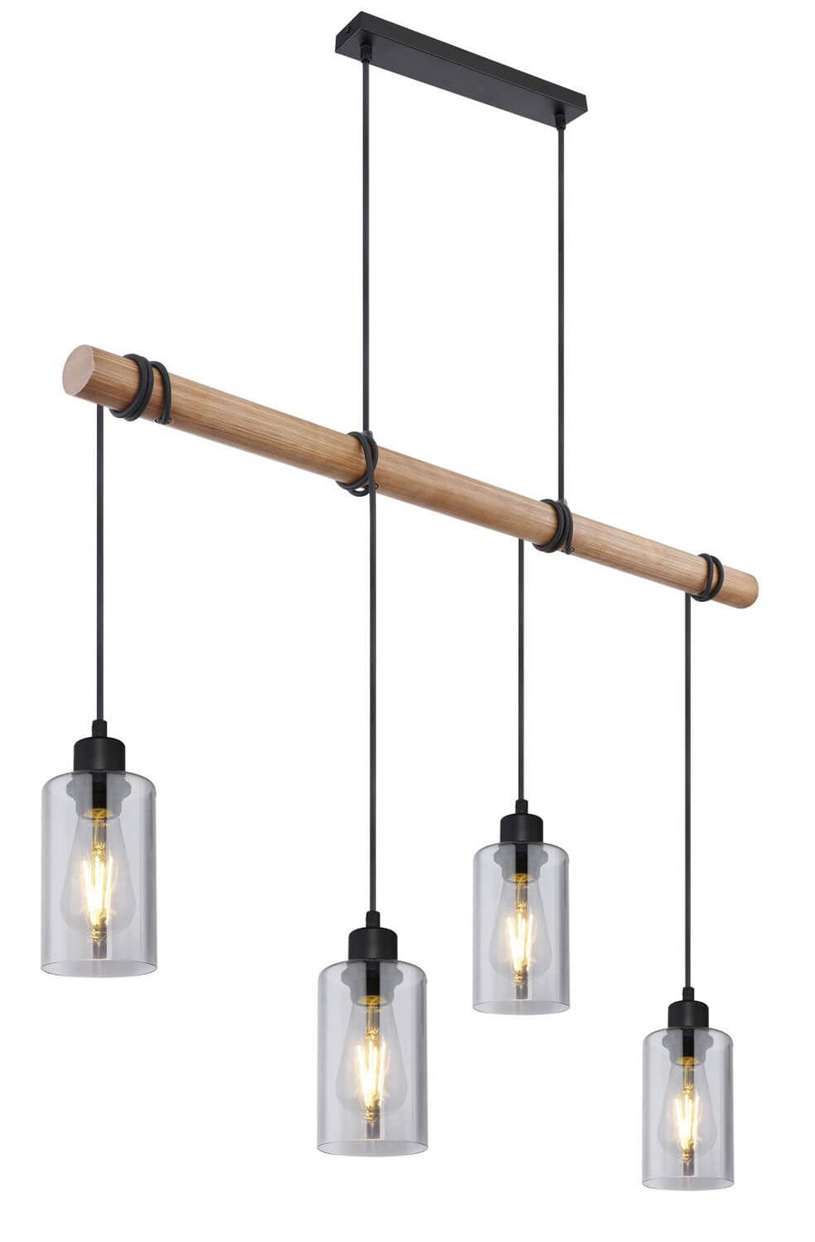 Vue de face du luminaire suspendu avec poutre en bois et quatre suspensions en verre.