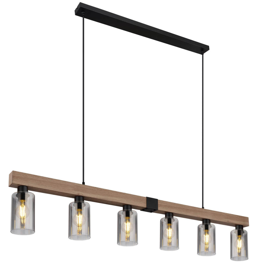 Suspension six lumières vue de face, poutre en bois et cylindres de verre