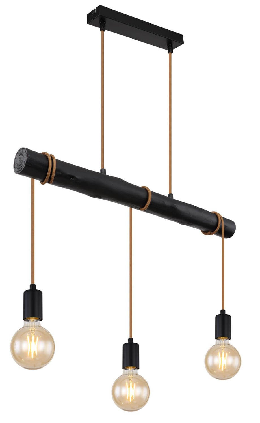 Vue produit agrandie du luminaire noir avec poutre centrale et cordons beiges