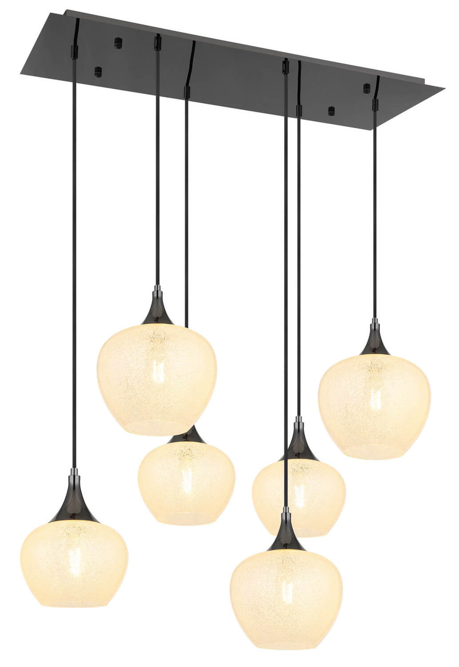 Vue de face du luminaire à six suspensions et son grand cache en métal noir