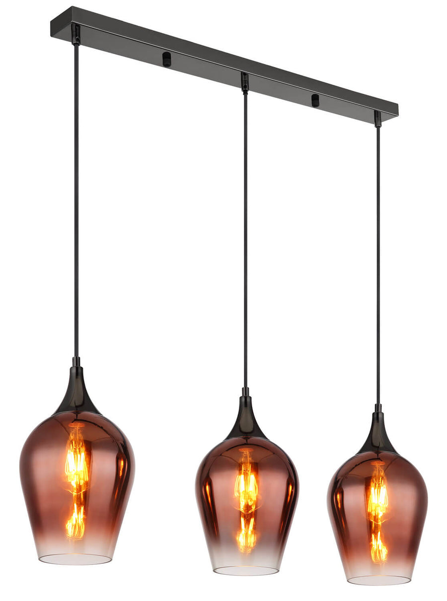 Vue verticale de la suspension, trois globes en verre cuivré et tiges noires.