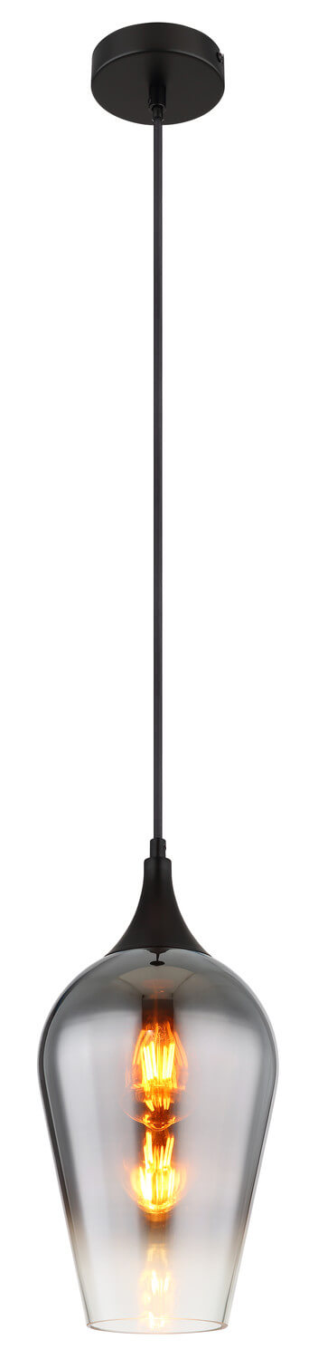 Vue de face du luminaire suspendu, verre fumé et ampoule filament allumée sur fond blanc