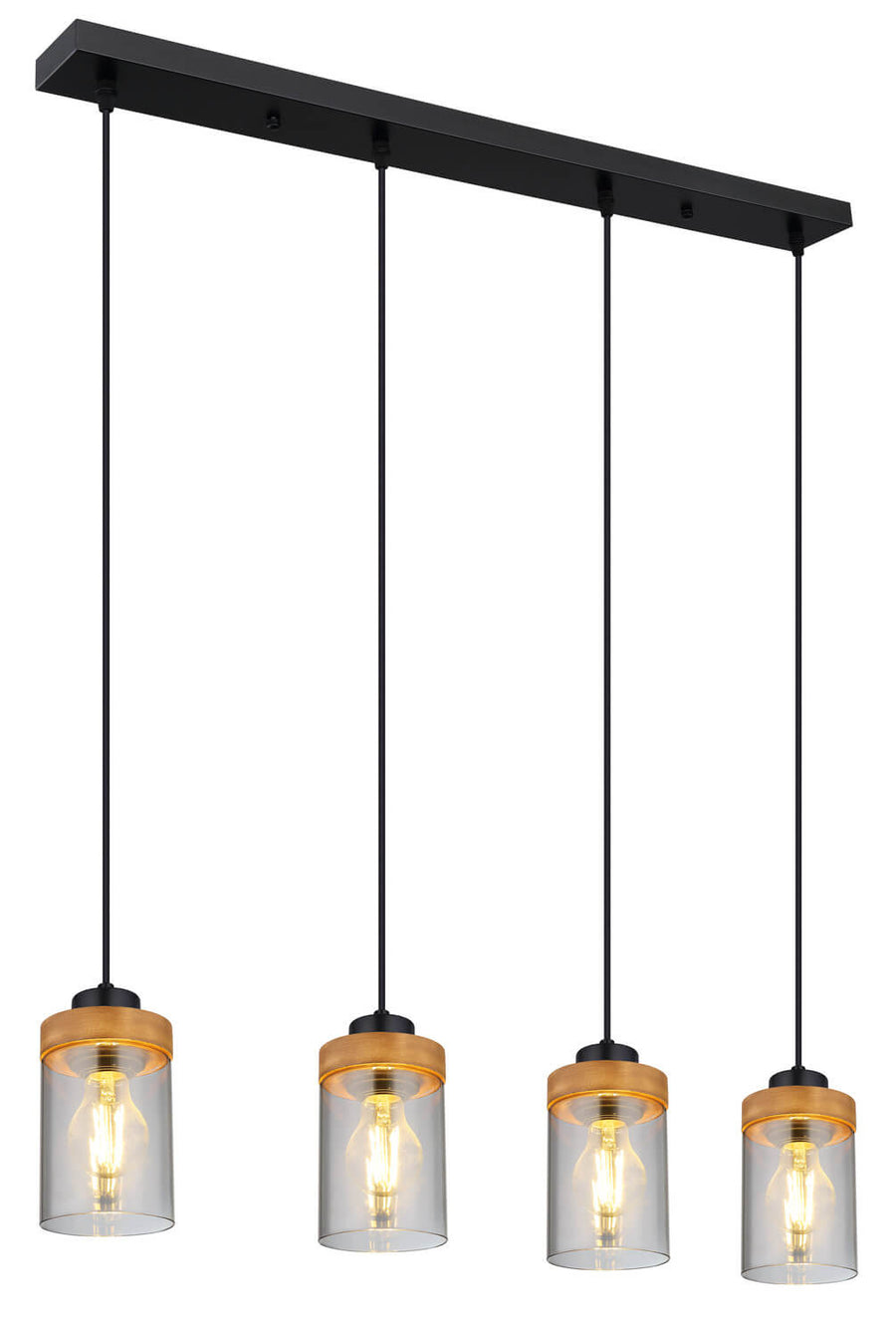 Vue d'ensemble du luminaire suspendu avec ses longs câbles noirs et abat-jours alignés