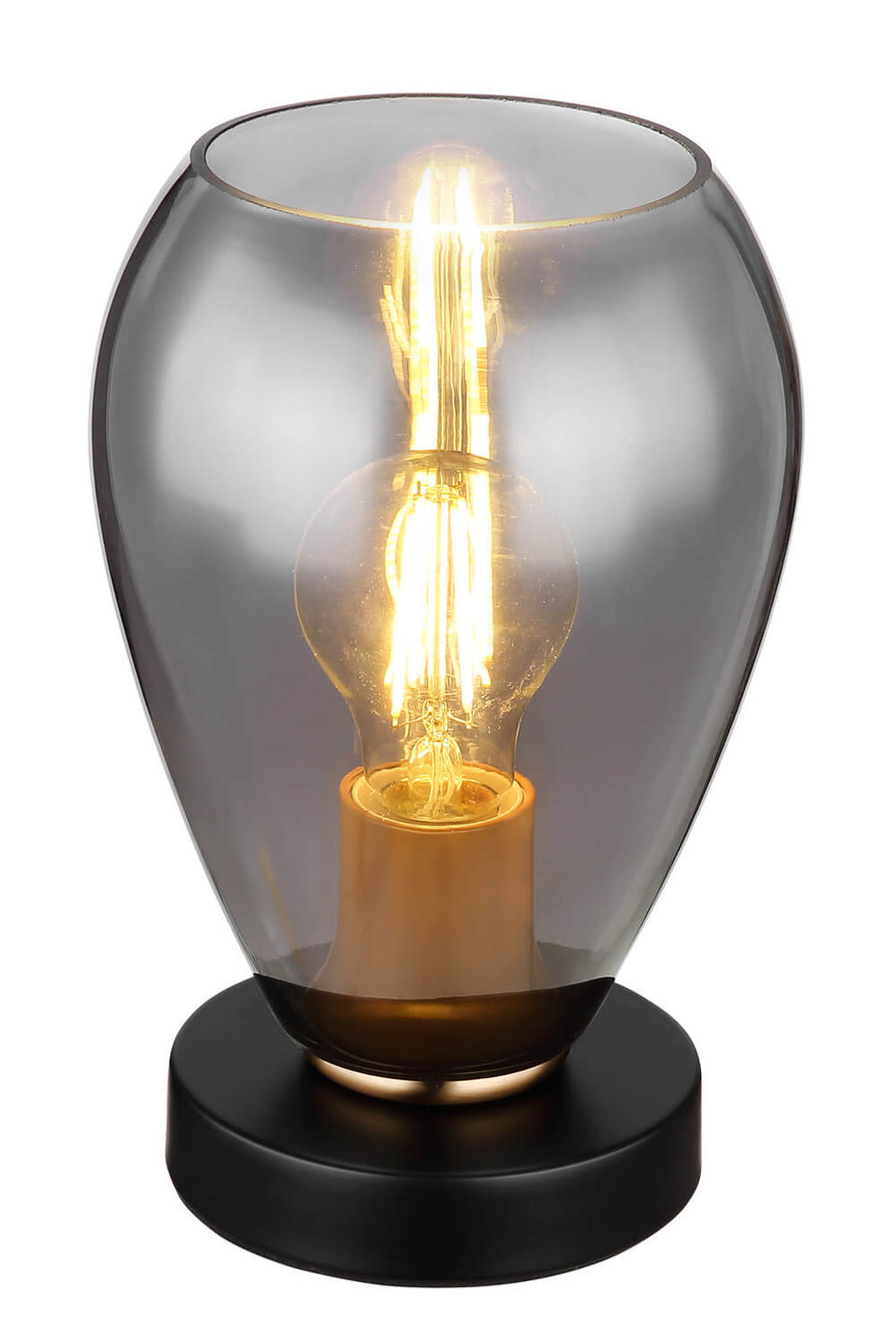 Vue rapprochée de la lampe noire mat, mettant en valeur l’ampoule filament et le verre fumé.