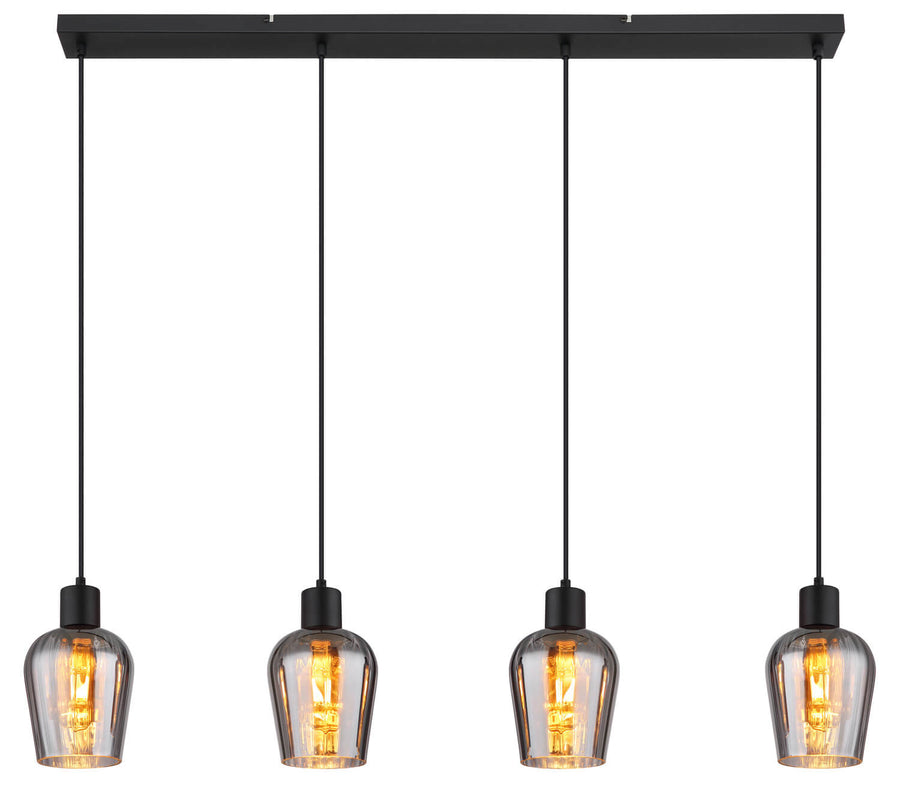 Produit de face, quatre luminaires alignés avec ampoules filaments allumées