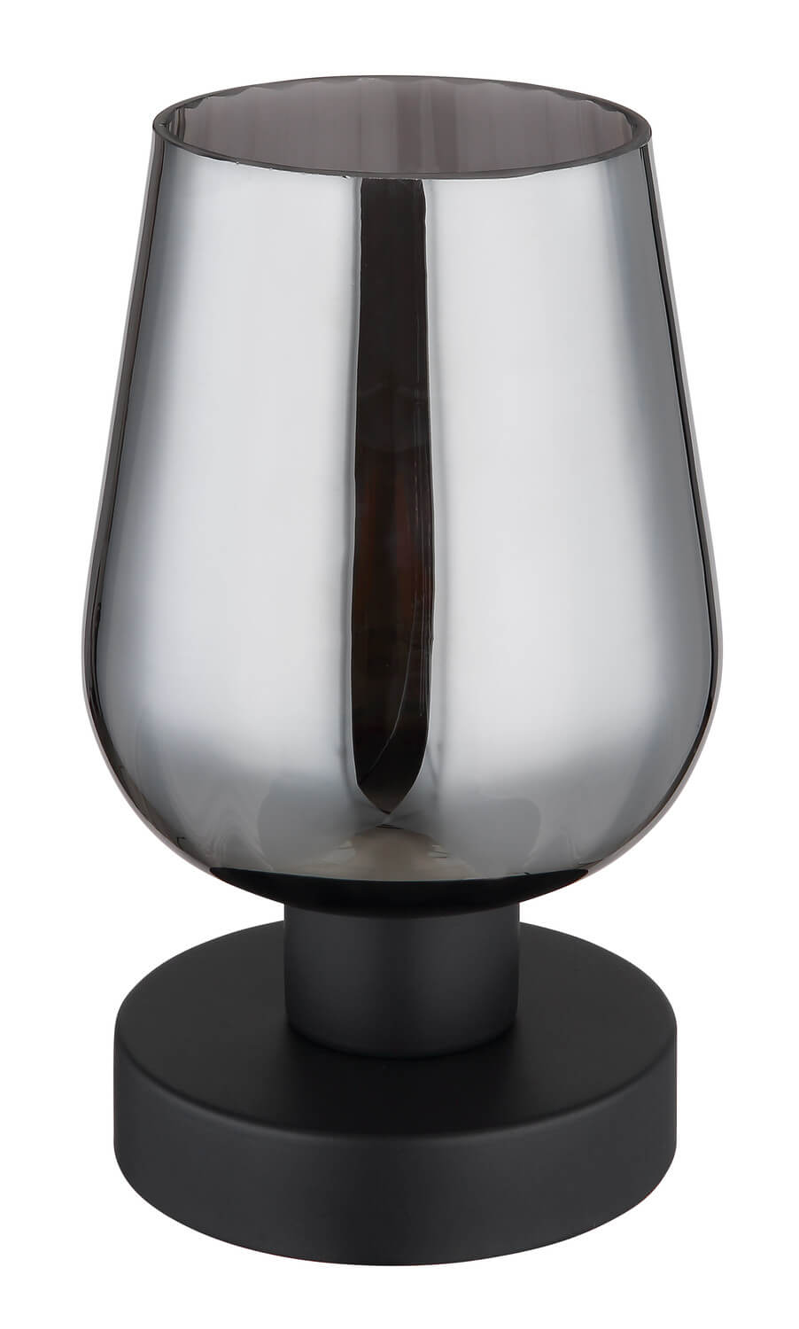 Abat-jour en verre gris fumé éteint, reflets sur la surface bombée