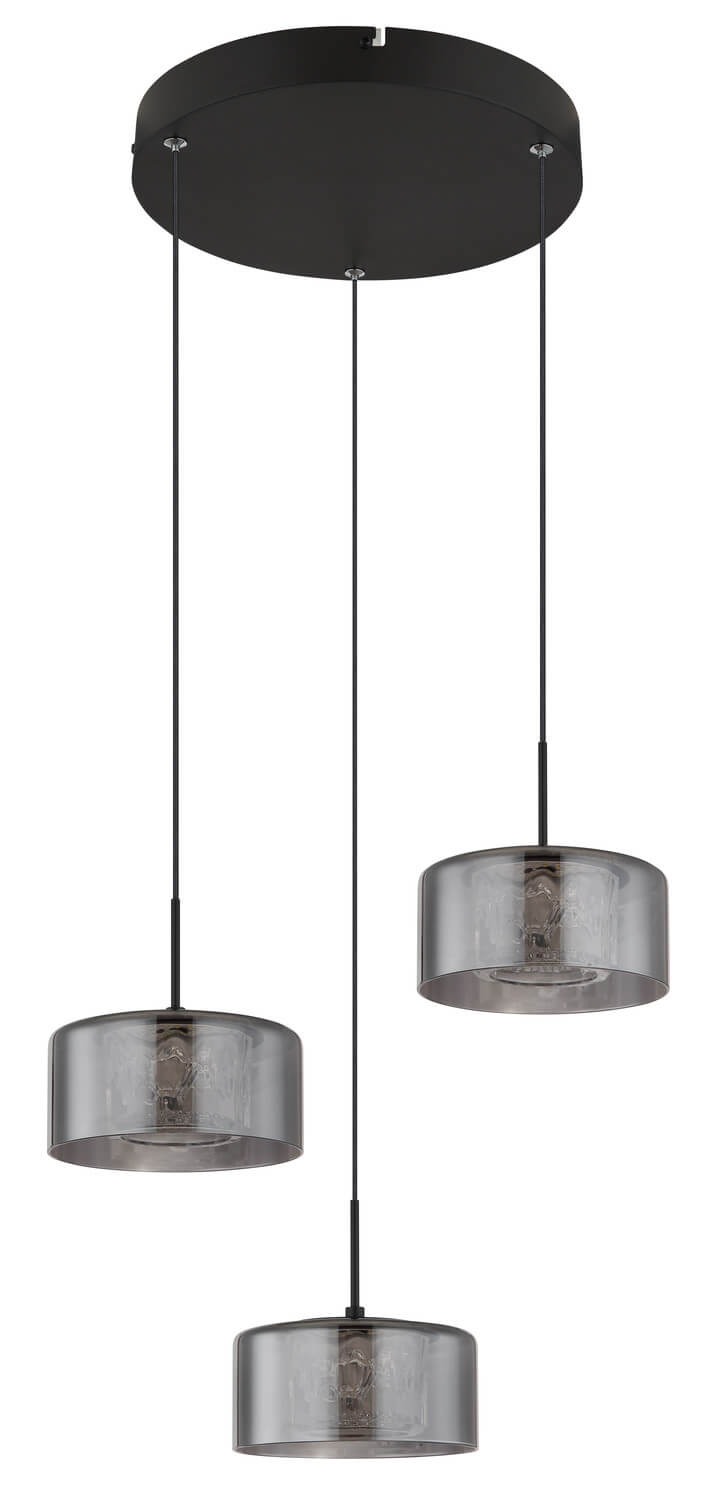Détail des trois diffuseurs en verre transparent laissant voir les ampoules, suspension non allumée.