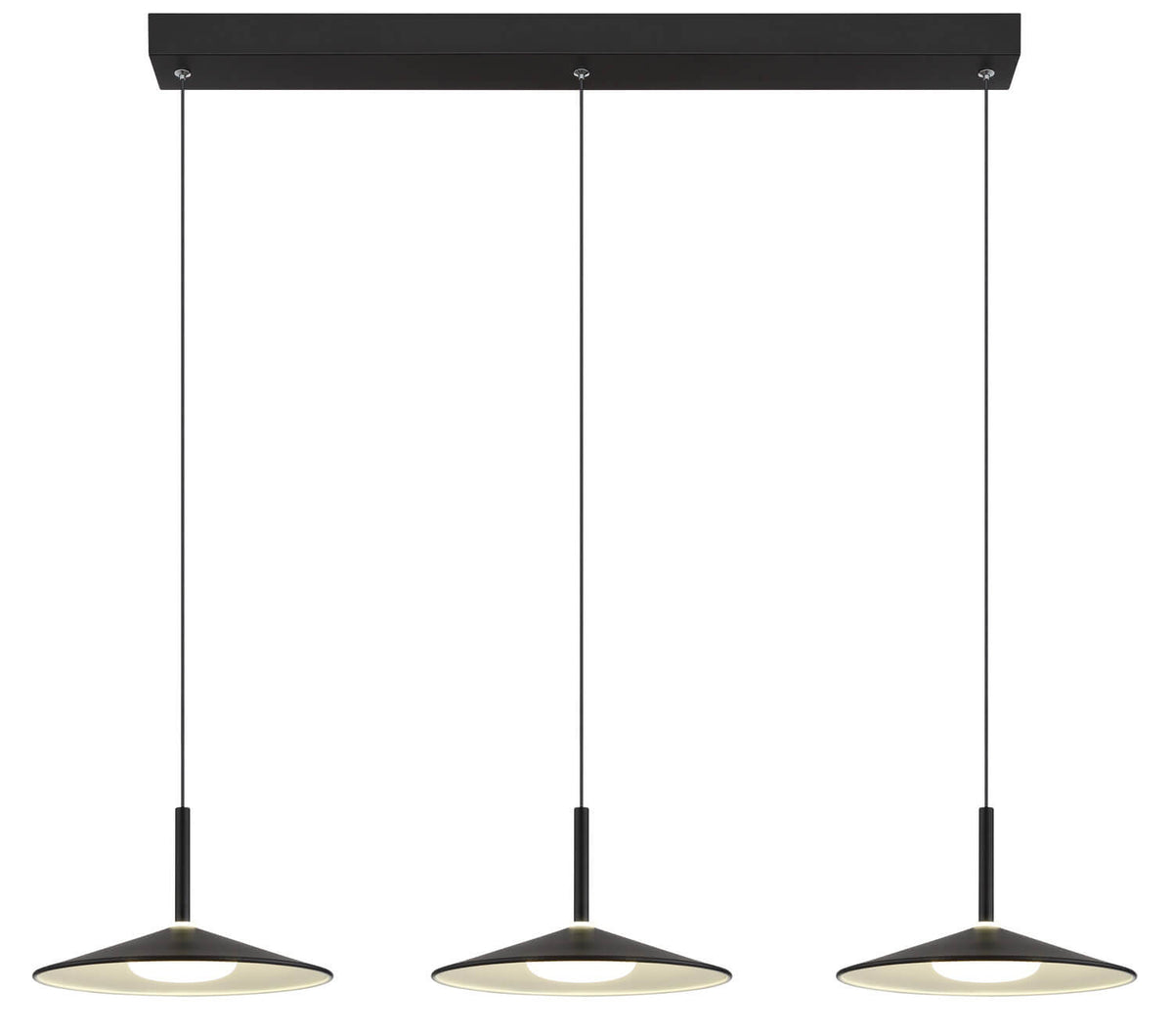 Suspension noire mat présentée de face, barre centrale et trois diffuseurs coniques suspendus par câbles.