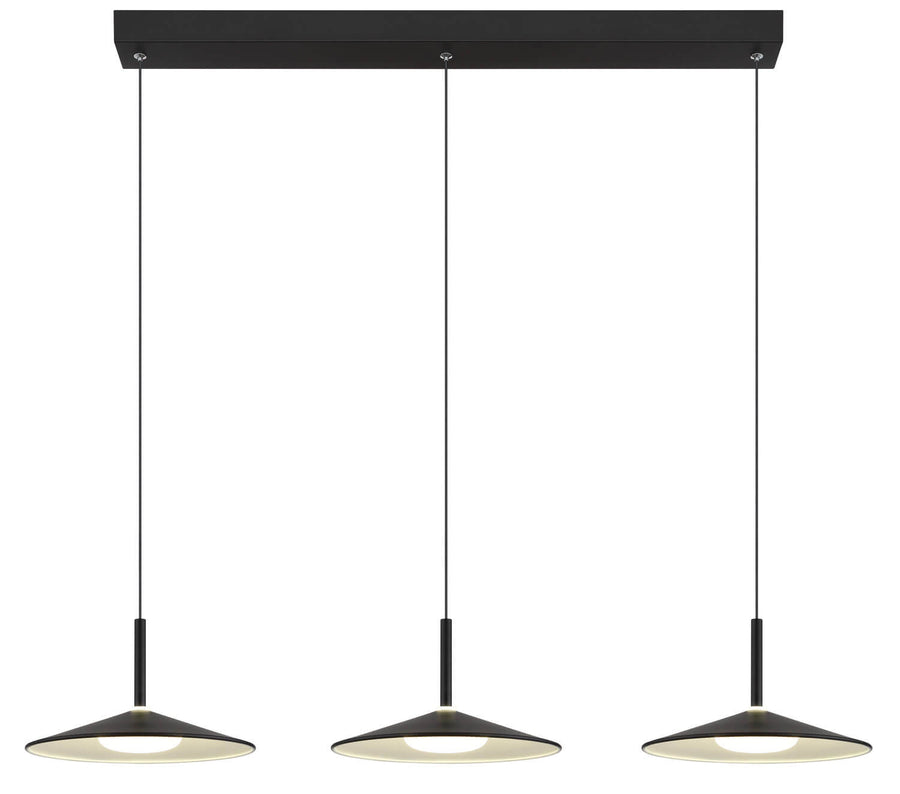 Suspension noire mat présentée de face, barre centrale et trois diffuseurs coniques suspendus par câbles.