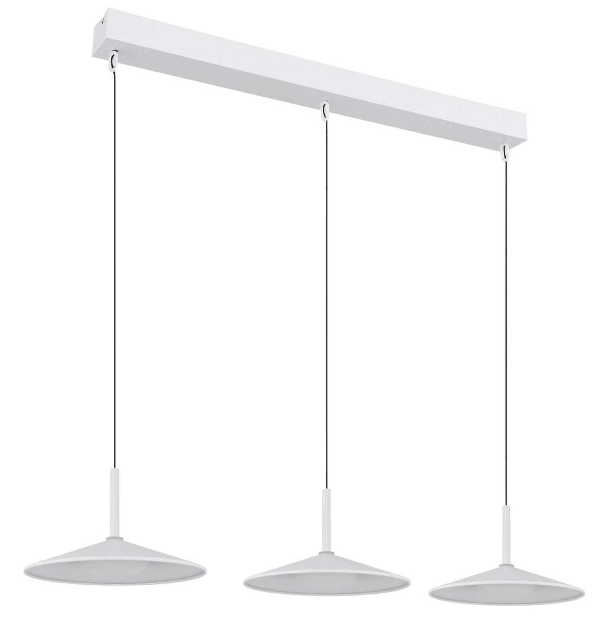 Vue de face du luminaire suspendu blanc avec trois diffuseurs coniques alignés