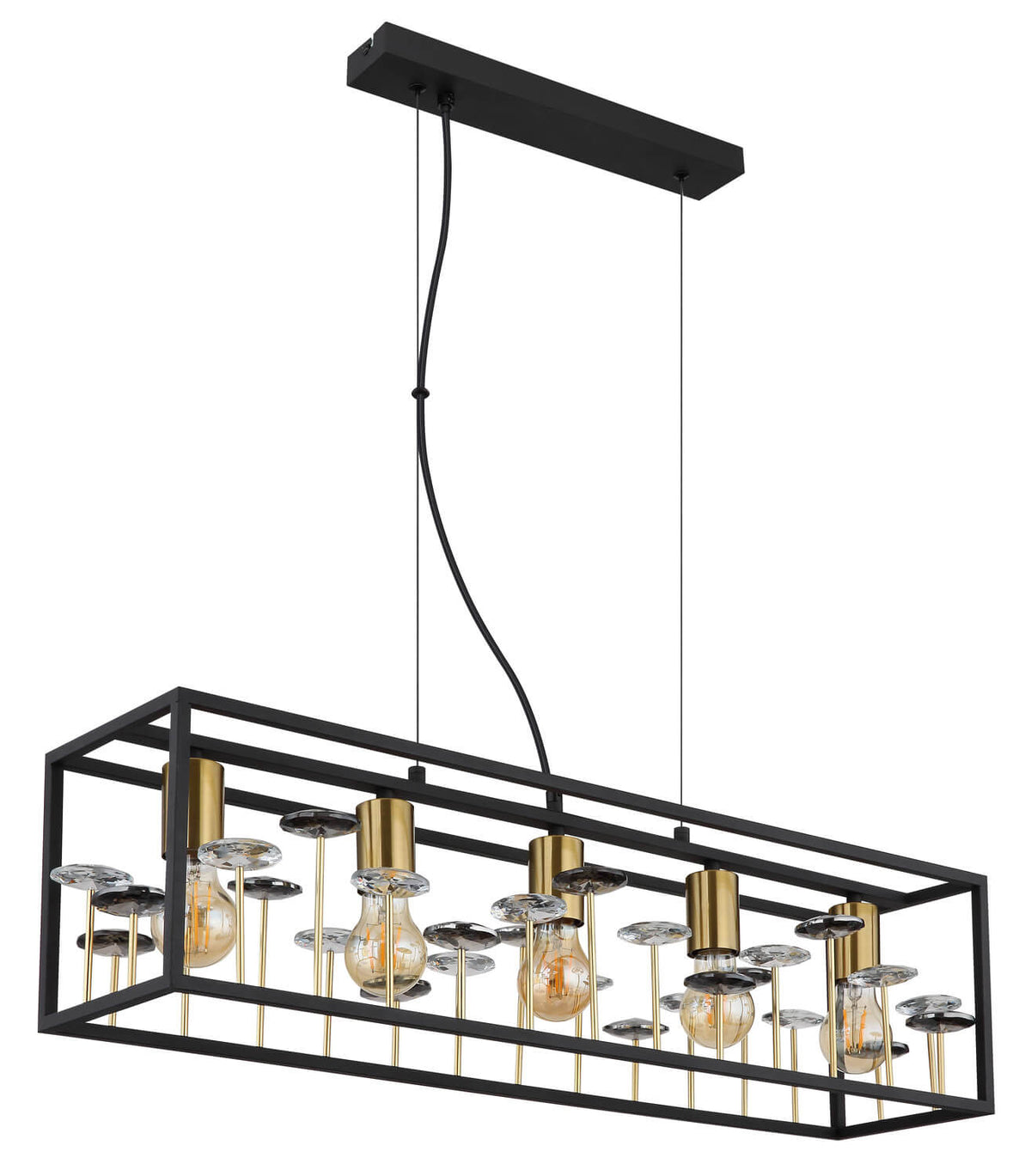 Vue de trois quarts du luminaire suspendu montrant la structure noire et les ampoules allumées.