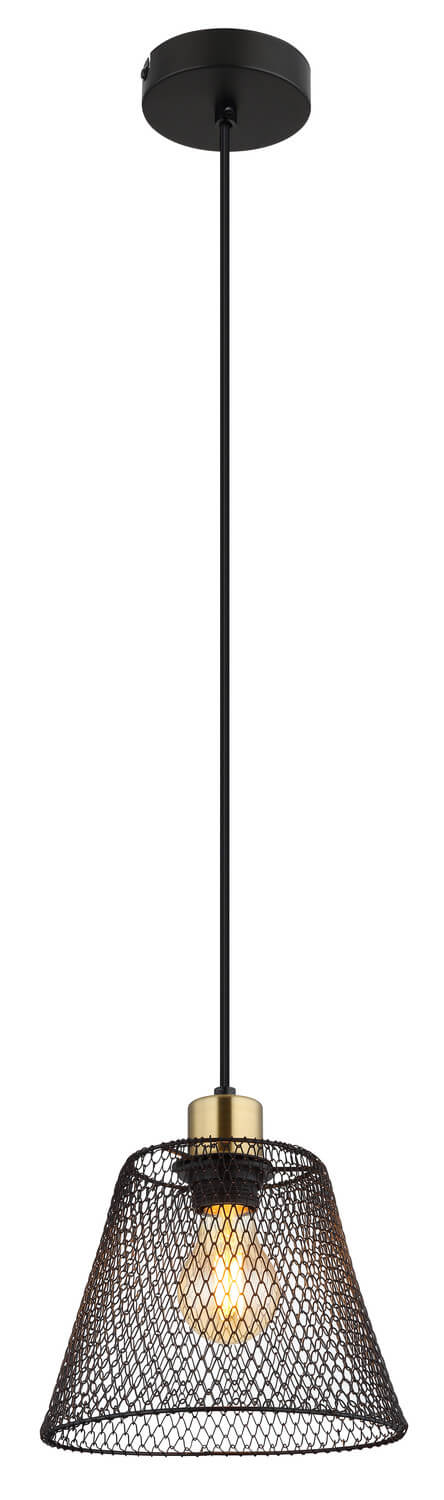 Vue de face du luminaire suspendu, montrant la longueur du câble et la douille dorée.