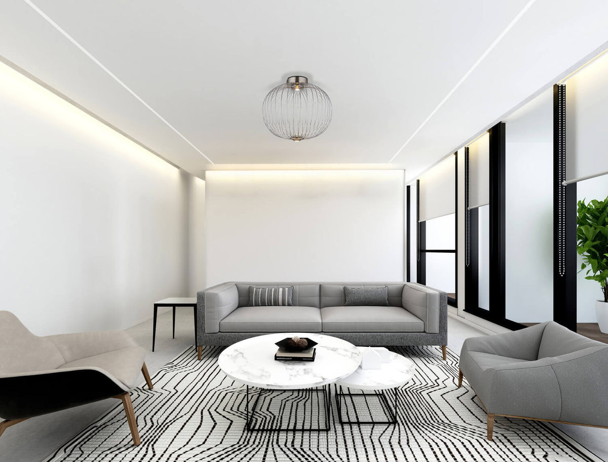 Vue en situation dans un salon moderne, plafonnier sphérique fixé au plafond blanc.