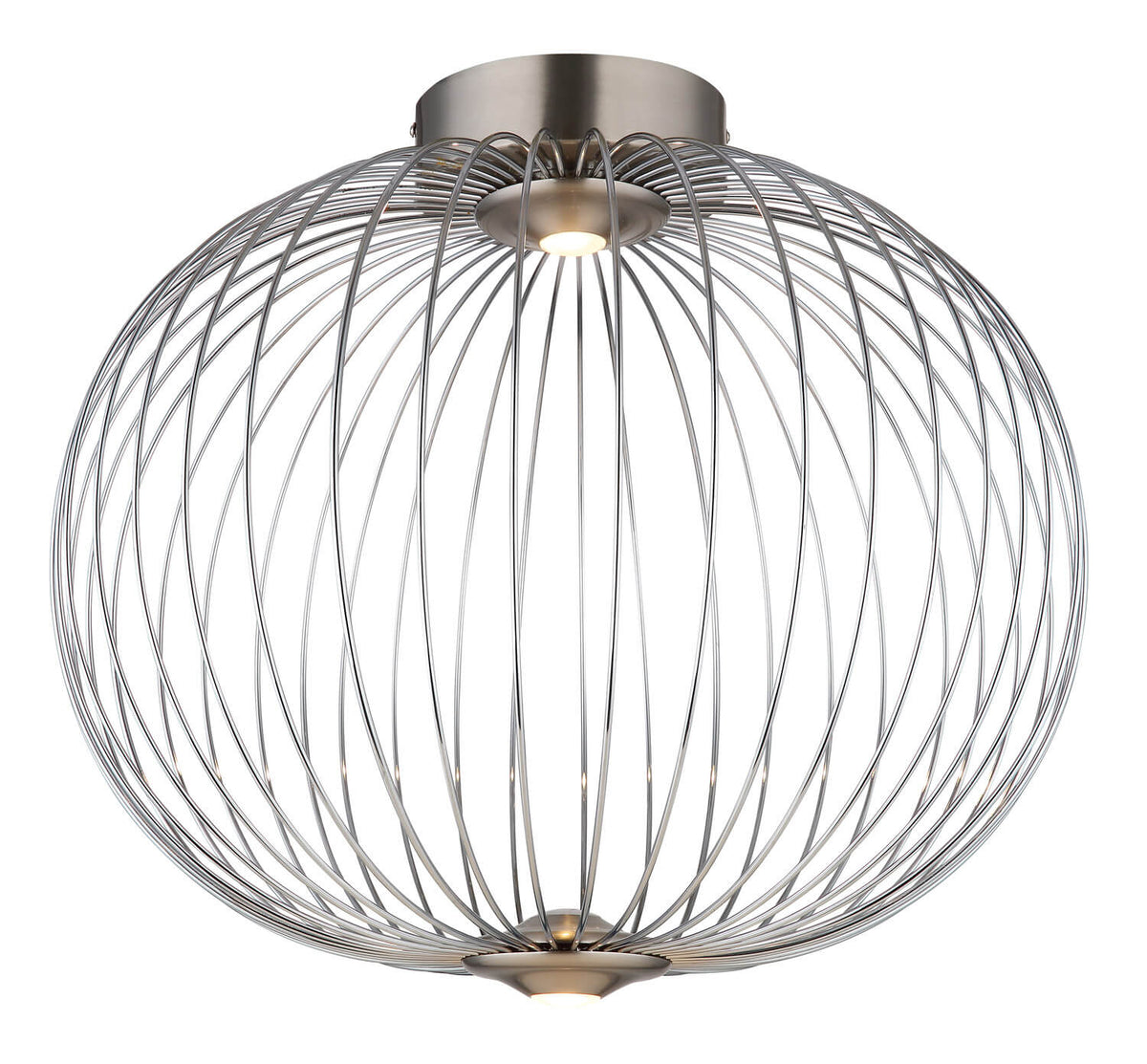 Vue rapprochée du plafonnier allumé, mettant en valeur la cage sphérique en métal.