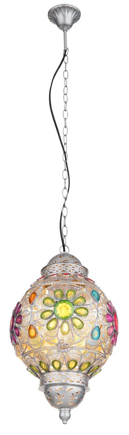 Vue verticale du luminaire montrant la longueur du câble noir et de la chaîne