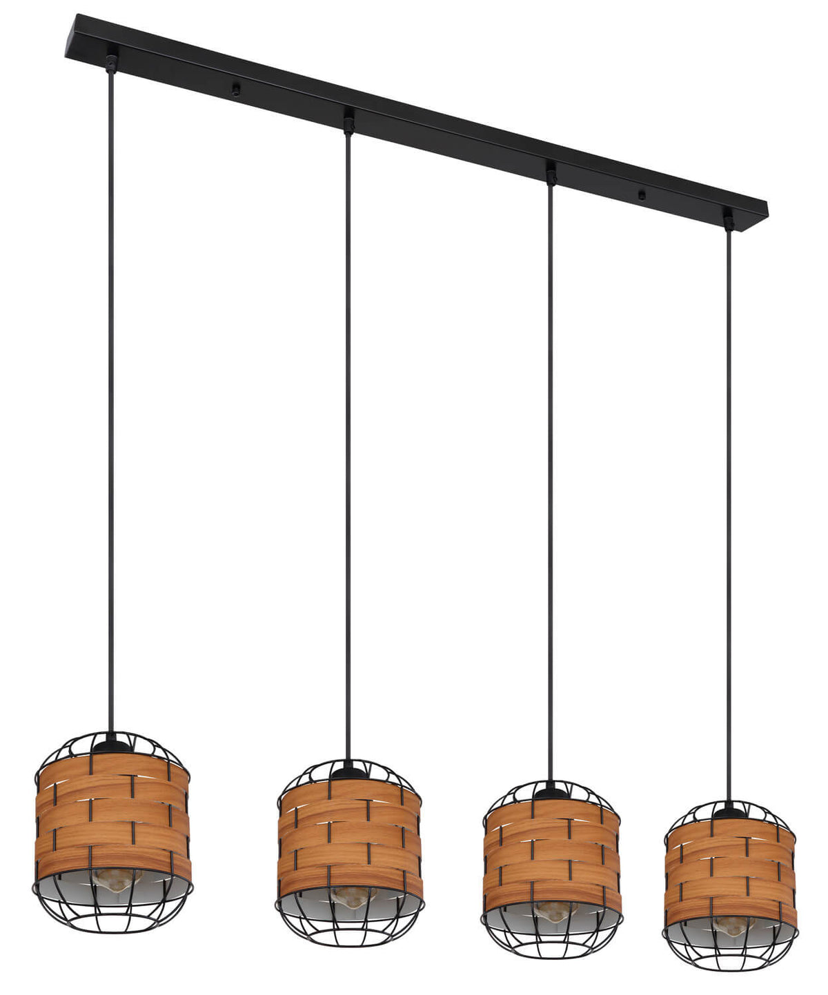 Vue d'ensemble de la suspension éteinte, montrant les quatre abat-jours en cage et bois naturel.