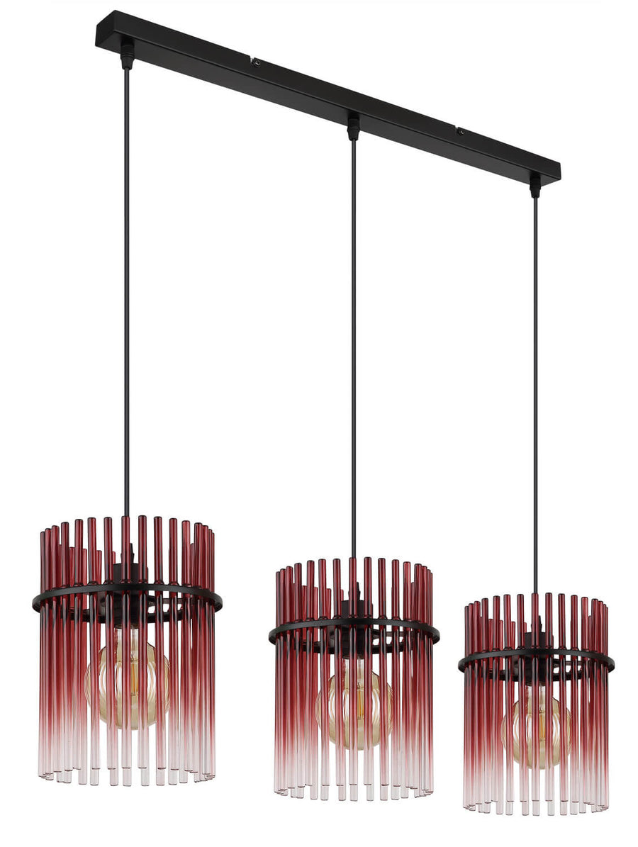 Détail rapproché des tiges de verre rouge et des ampoules dorées allumées
