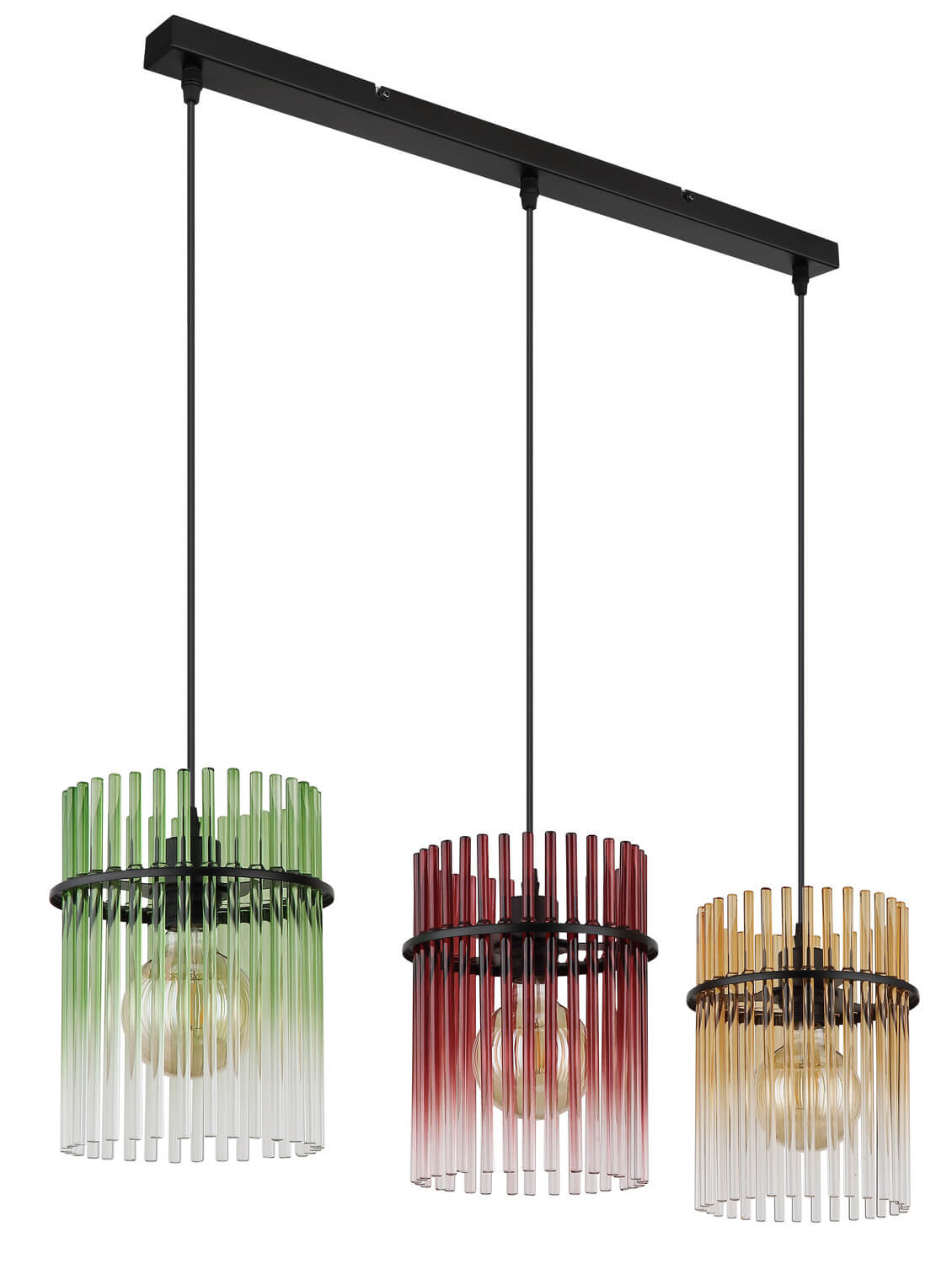 Trois suspensions cylindriques en verre vert, rouge et ambre sous barre noire.