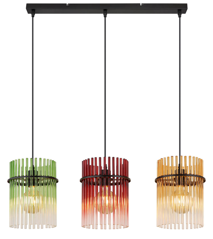 Vue d'ensemble de la suspension triple noire et verre coloré.