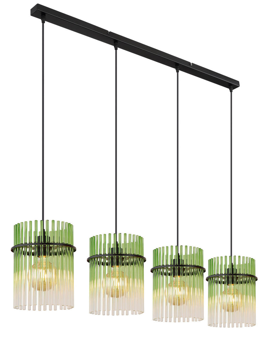 Vue de face du luminaire suspendu quatre abat-jours cylindriques en tiges de verre vertes