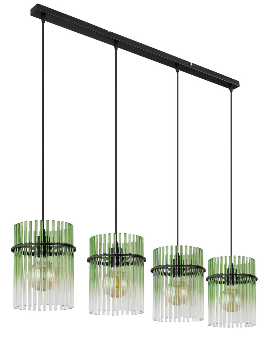 Second angle du même luminaire, mettant en évidence la structure noire et les quatre suspensions