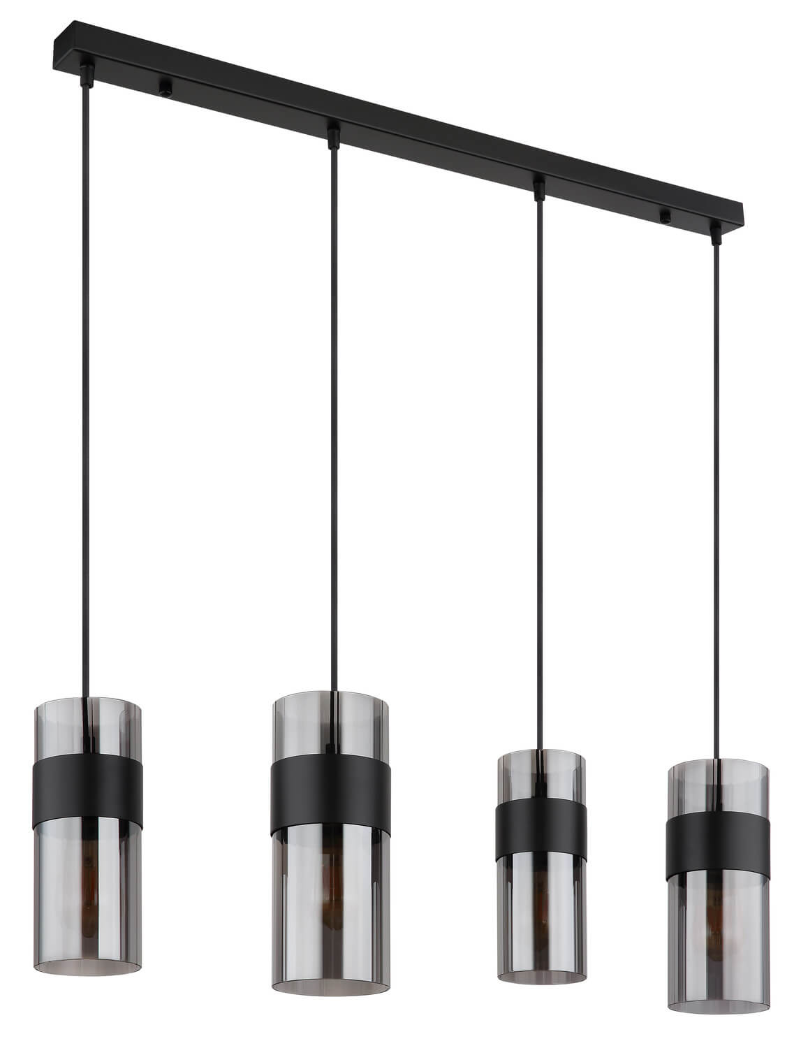 Vue de face du luminaire éteint, verres fumés transparents et longs câbles noirs verticaux