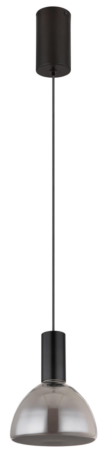 Vue de profil du luminaire éteint, abat-jour en verre fumé et partie noire