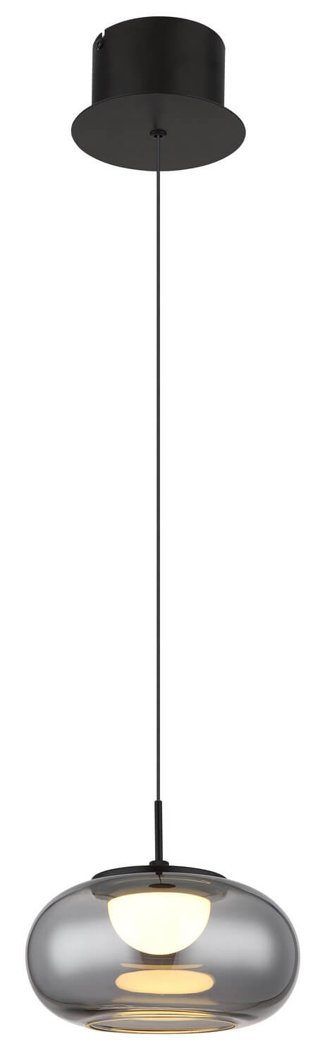 Vue de face de la suspension noire et son abat-jour en verre gris fumé.