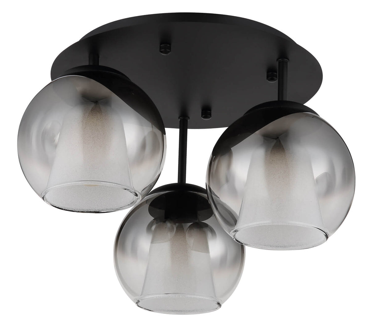 Même plafonnier éteint, trois globes en verre fumé translucide sur structure noire