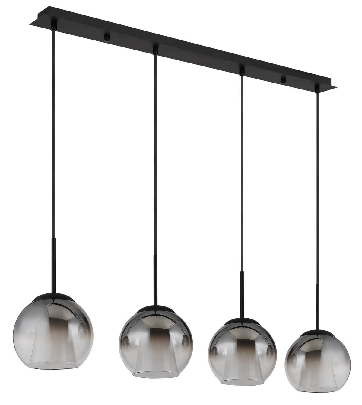 Détail des globes en verre gris éteints et de leur réflexion brillante