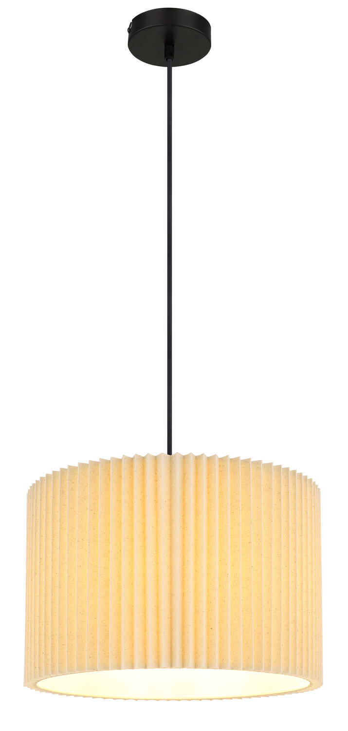 Vue en entier du luminaire suspendu, abat-jour plissé clair éteint sur fond blanc