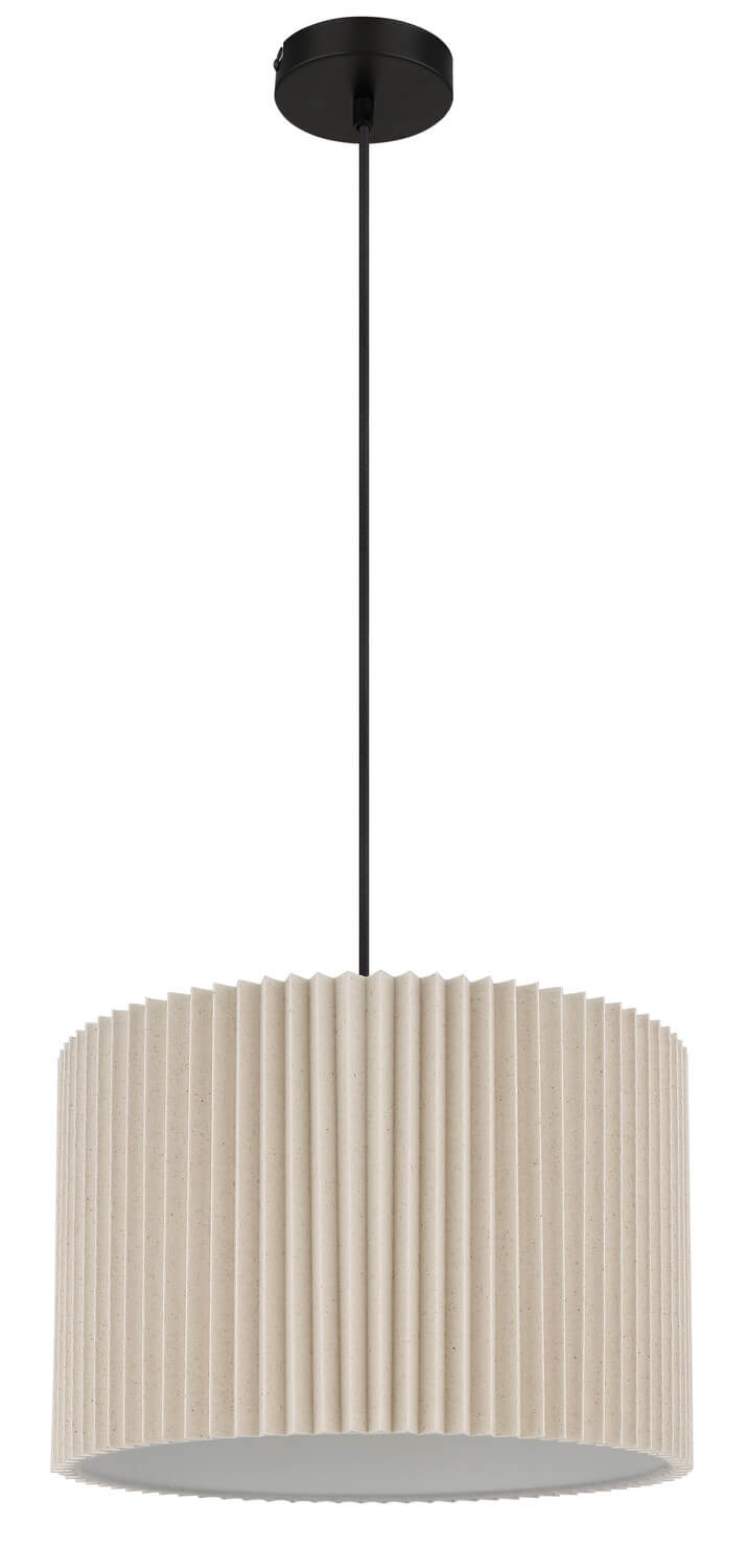 Luminaire suspendu éteint vu de profil, abat-jour beige clair et câble noir fin