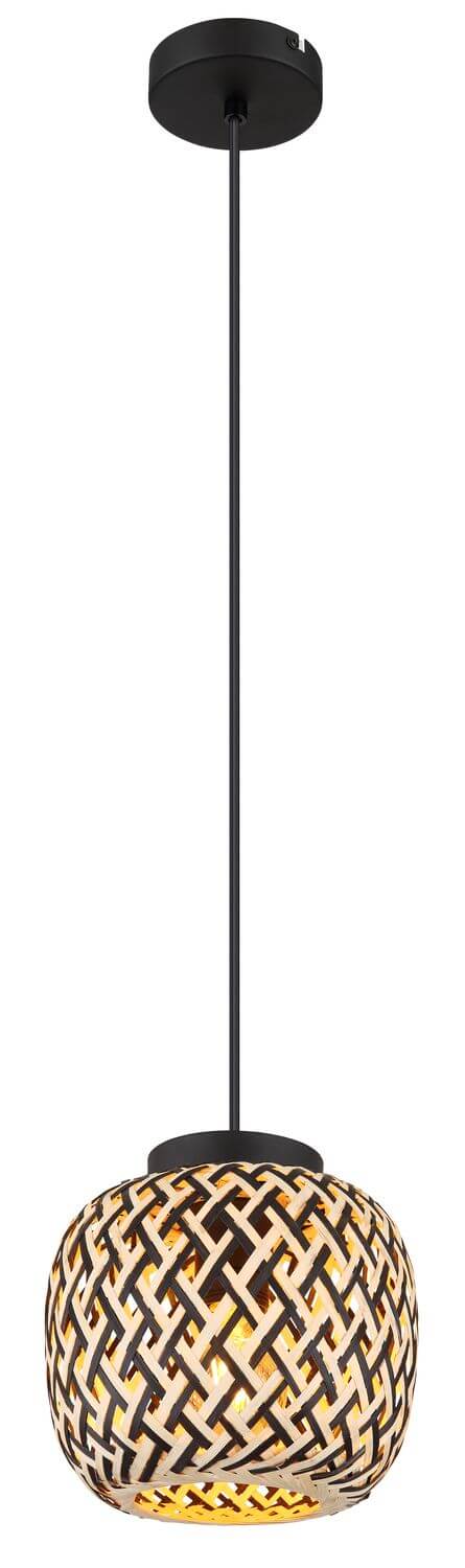 Vue entière du luminaire montrant rosace, câble noir et abat-jour tressé