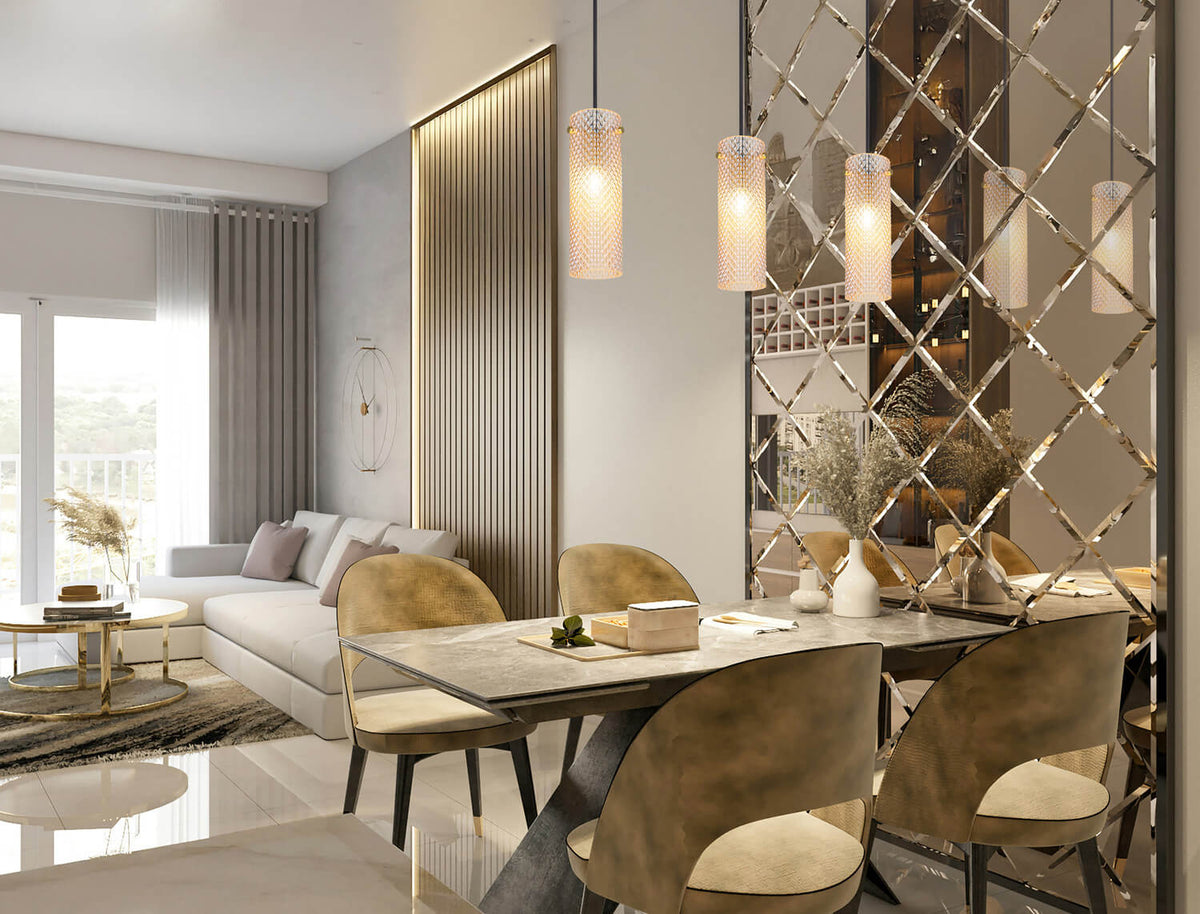 Mise en ambiance dans une salle à manger moderne, suspension au-dessus de la table.