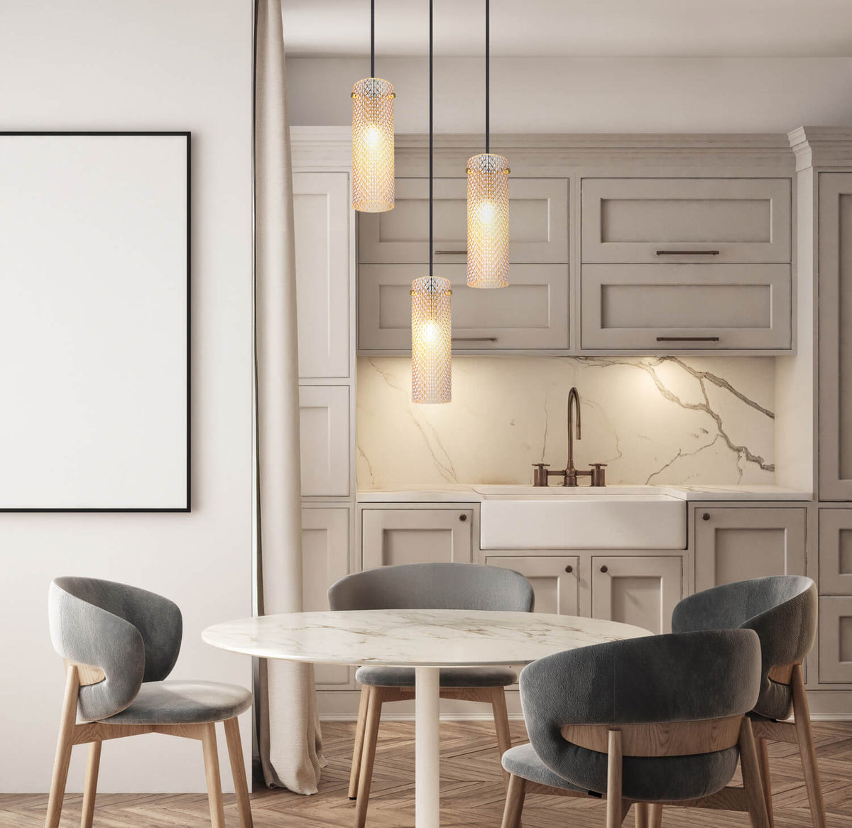 Mise en ambiance au-dessus d'une table ronde dans une cuisine claire et moderne